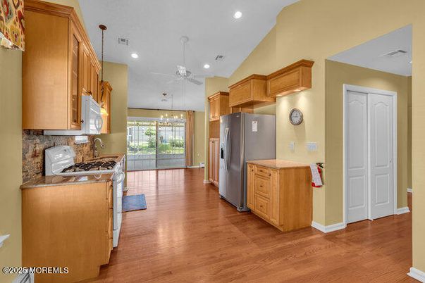 Chandelier, Interior, Kitchen, Pendant Lights, Recessed Lighting, Wood Texture Flooring