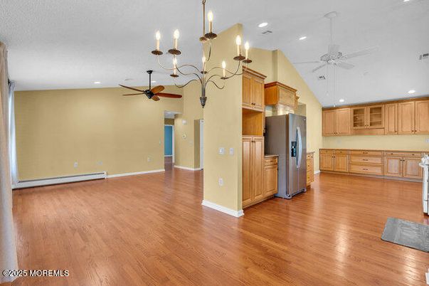 Chandelier, Empty room, Interior, Kitchen, Recessed Lighting, Wood Texture Flooring
