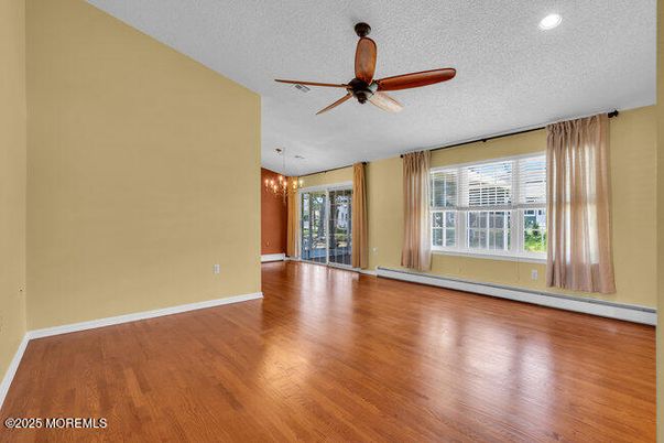 Chandelier, Empty room, Interior, Recessed Lighting, Wood Texture Flooring