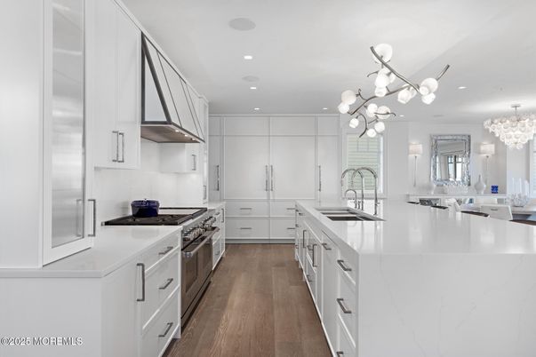Chandelier, Interior, Kitchen, Pendant Lights, Recessed Lighting, Stainless Steel Appliances, Wood Texture Flooring