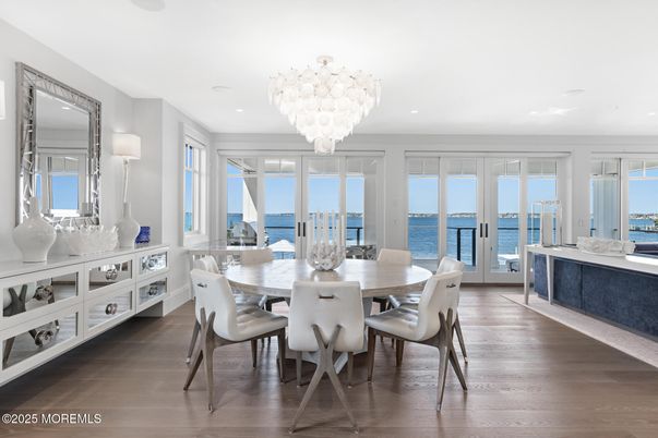 Chandelier, Dining room, Interior, Recessed Lighting, Water, Wood Texture Flooring