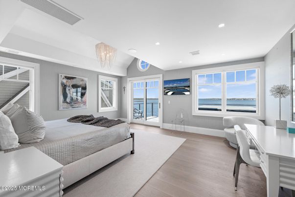 Bedroom, Chandelier, Home Office, Interior, Recessed Lighting, Water, Wood Texture Flooring