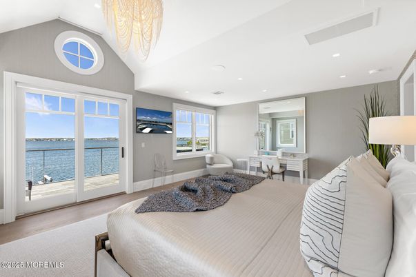 Bedroom, Chandelier, Interior, Recessed Lighting, Water, Wood Texture Flooring