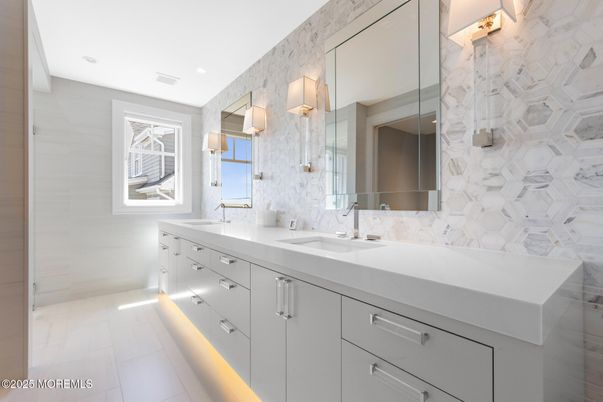Bathroom, Dual Sink Vanities, Interior, Marble Walls, Recessed Lighting