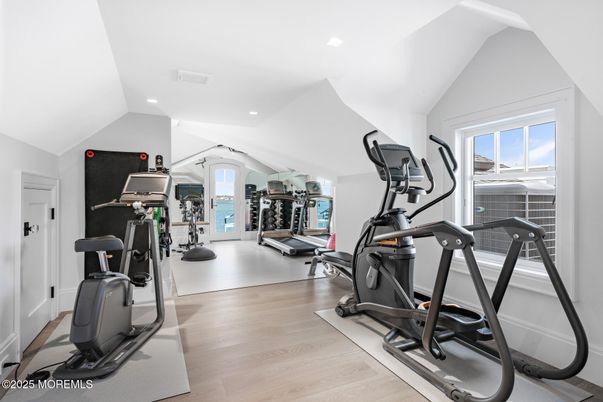 Fitness Equipment, Gym, Interior, Recessed Lighting, Wood Texture Flooring