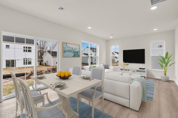 Dining room, Interior, Living room, Recessed Lighting, Wood Texture Flooring