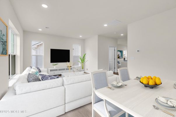 Dining room, Interior, Living room, Recessed Lighting, Wood Texture Flooring