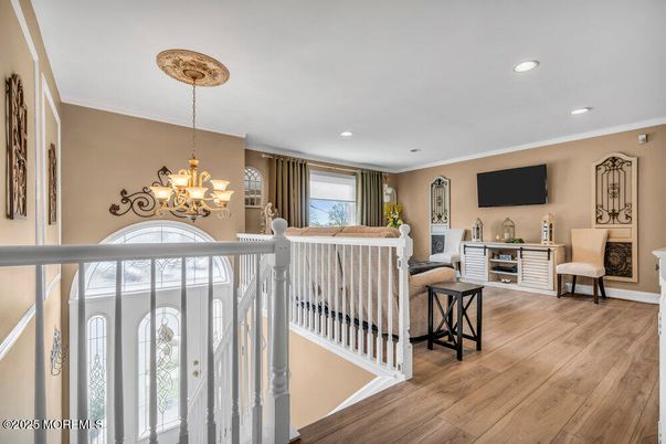 Chandelier, Interior, Living room, Recessed Lighting, Wood Texture Flooring