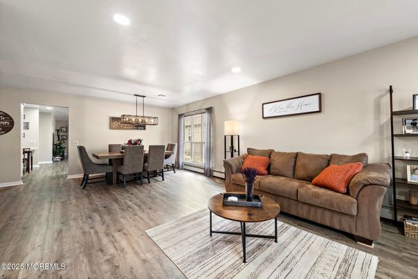 Dining room, Interior, Living room, Pendant Lights, Recessed Lighting, Wood Texture Flooring