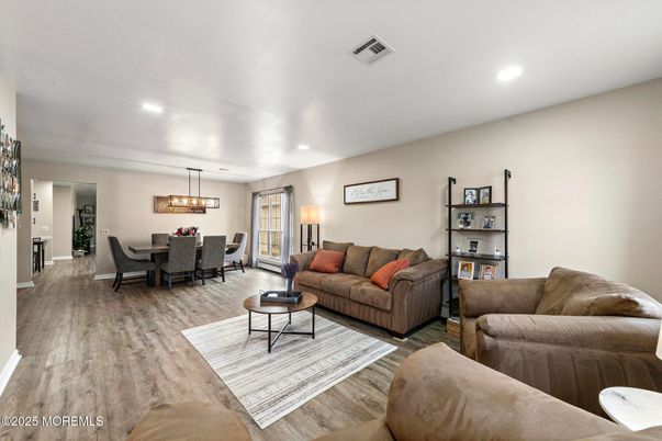 Dining room, Interior, Living room, Pendant Lights, Recessed Lighting, Wood Texture Flooring