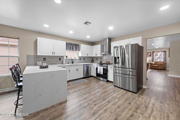 Interior, Kitchen, Recessed Lighting, Stainless Steel Appliances, Wood Texture Flooring