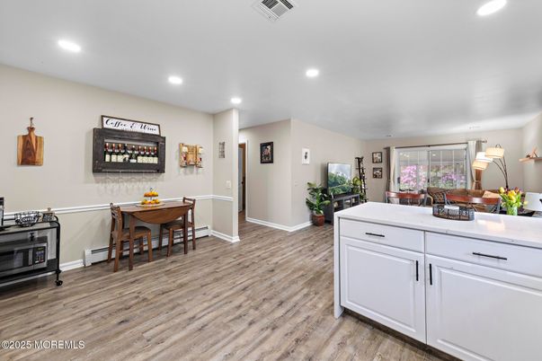 Dining room, Interior, Recessed Lighting, Wood Texture Flooring