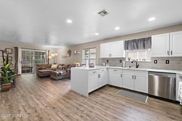 Interior, Kitchen, Living room, Recessed Lighting, Stainless Steel Appliances, Wood Texture Flooring