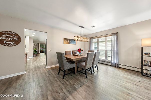 Dining room, Interior, Pendant Lights, Wood Texture Flooring