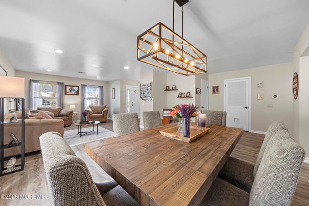 Dining room, Interior, Living room, Pendant Lights, Recessed Lighting, Wood Texture Flooring