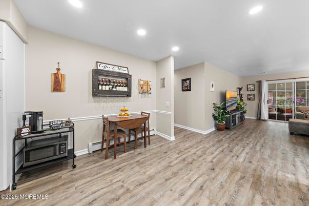 Dining room, Interior, Recessed Lighting, Wood Texture Flooring