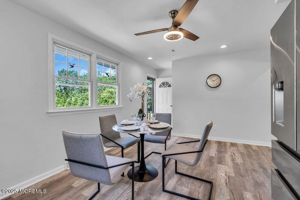 Dining room, Interior, Recessed Lighting, Wood Texture Flooring