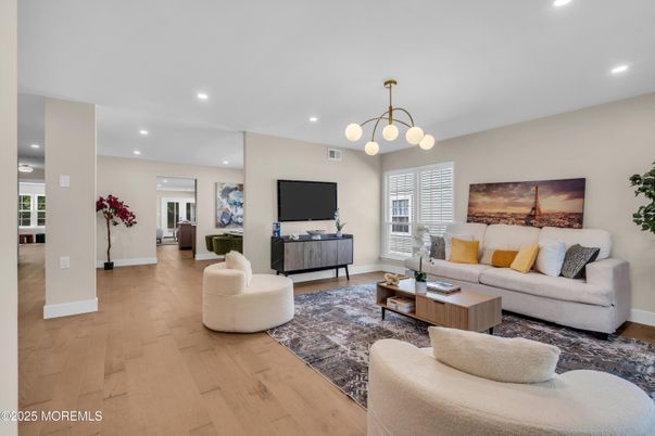 Interior, Living room, Pendant Lights, Recessed Lighting, Wood Texture Flooring