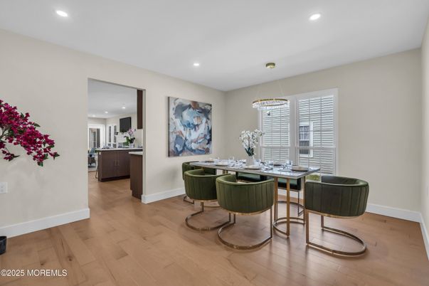 Dining room, Interior, Pendant Lights, Recessed Lighting, Wood Texture Flooring