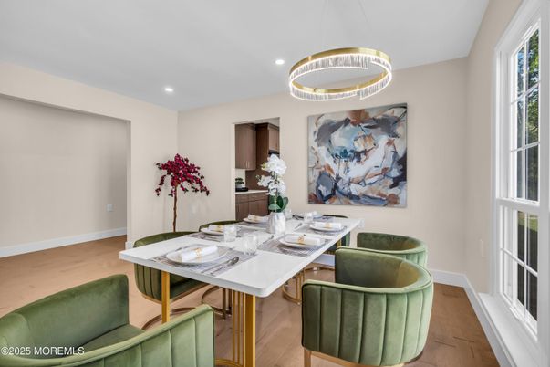 Dining room, Interior, Pendant Lights, Recessed Lighting, Wood Texture Flooring
