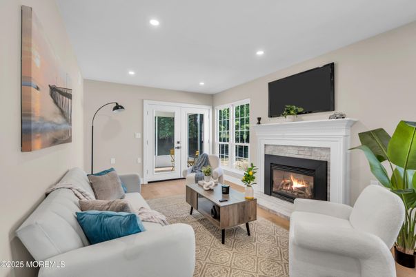 Fireplace, Interior, Living room, Recessed Lighting, Wood Texture Flooring