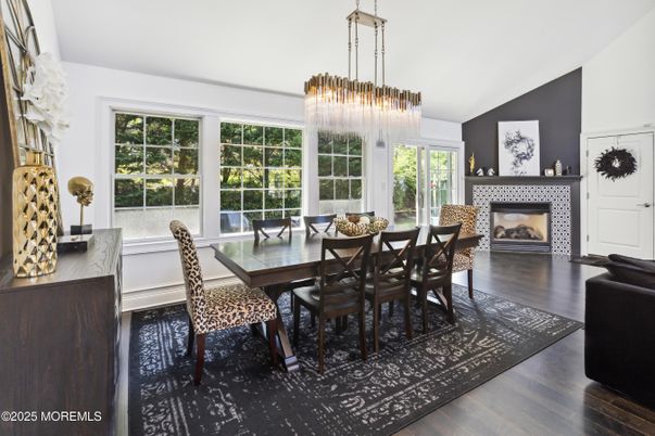 Chandelier, Dining room, Fireplace, Interior, Pendant Lights, Wood Texture Flooring