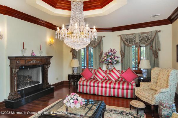 Chandelier, Fireplace, Interior, Living room, Wood Texture Flooring