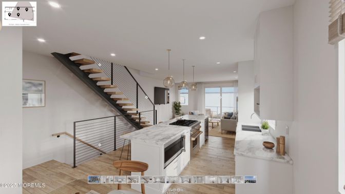 Interior, Kitchen, Living room, Pendant Lights, Recessed Lighting, Wood Texture Flooring