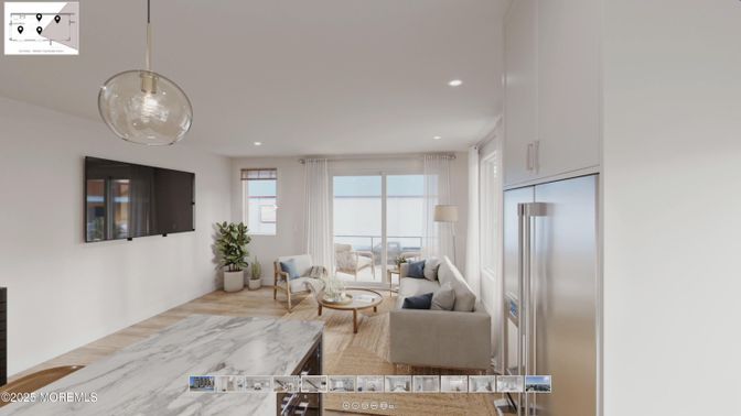Interior, Living room, Pendant Lights, Recessed Lighting, Stainless Steel Appliances, Wood Texture Flooring