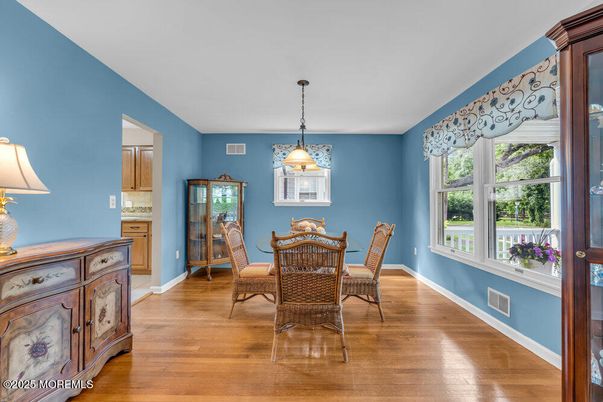Dining room, Interior, Pendant Lights, Wood Texture Flooring