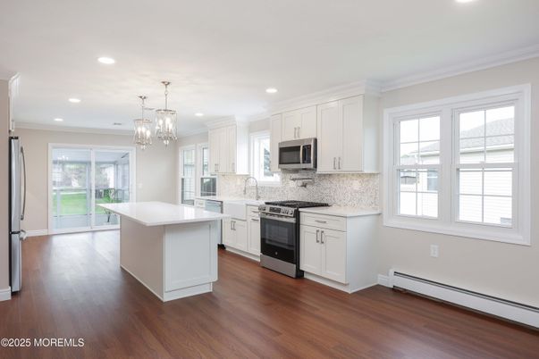 Chandelier, Interior, Kitchen, Pendant Lights, Recessed Lighting, Wood Texture Flooring