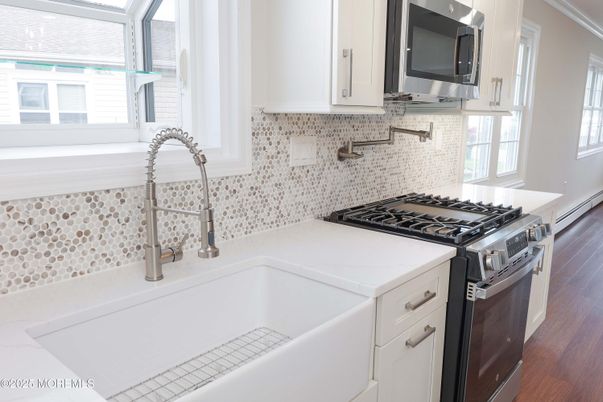 Interior, Kitchen, Tile Countertops, Wood Texture Flooring