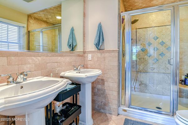Bathroom, Glass Shower, Interior, Recessed Lighting, Stone Walls