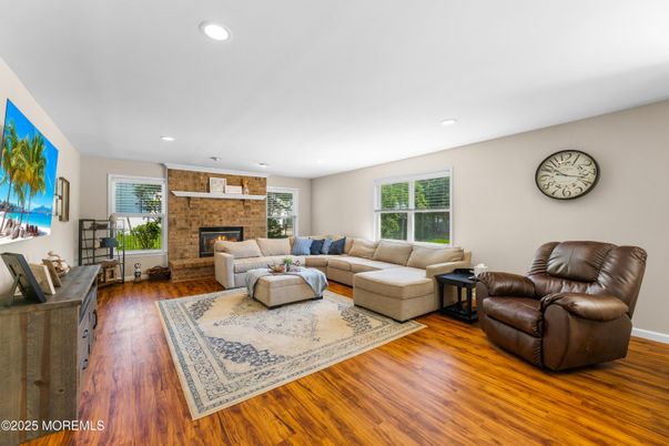 Fireplace, Interior, Living room, Recessed Lighting, Wood Texture Flooring