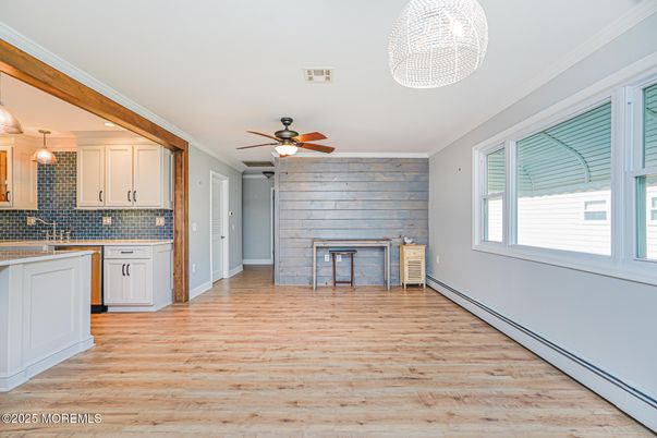 Empty room, Fireplace, Interior, Kitchen, Pendant Lights, Stone Walls, Wood Texture Flooring, Wooden Walls