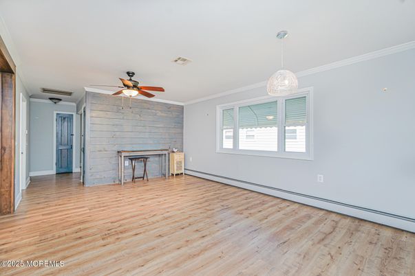 Empty room, Fireplace, Interior, Pendant Lights, Stone Walls, Wood Texture Flooring