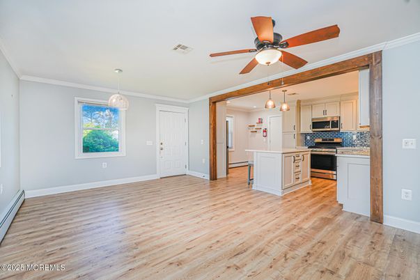 Empty room, Interior, Kitchen, Pendant Lights, Wood Texture Flooring