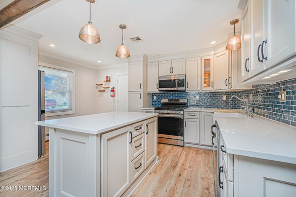 Interior, Kitchen, Pendant Lights, Recessed Lighting, Stainless Steel Appliances, Wood Texture Flooring