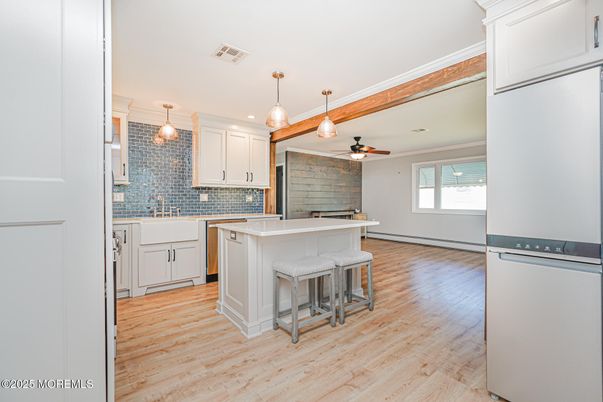 Interior, Kitchen, Pendant Lights, Recessed Lighting, Stone Walls, Wood Texture Flooring