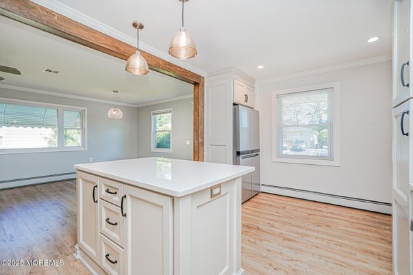 Interior, Kitchen, Pendant Lights, Recessed Lighting, Wood Texture Flooring