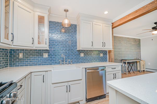 Interior, Kitchen, Pendant Lights, Recessed Lighting, Stainless Steel Appliances, Stone Walls