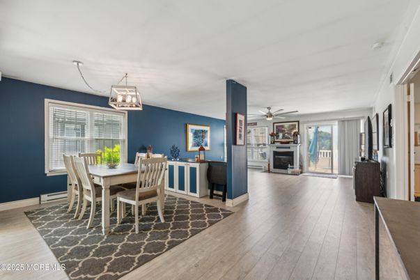 Dining room, Fireplace, Interior, Wood Texture Flooring