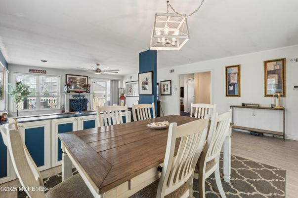 Dining room, Interior, Pendant Lights, Wood Texture Flooring