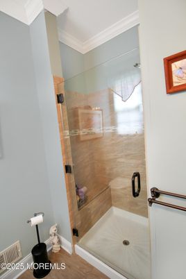 Bathroom, Glass Shower, Interior, Wood Texture Flooring