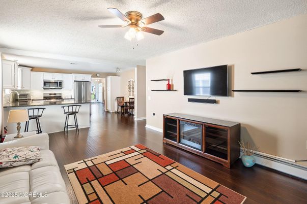 Dining room, Interior, Kitchen, Living room, Stainless Steel Appliances, Wood Texture Flooring