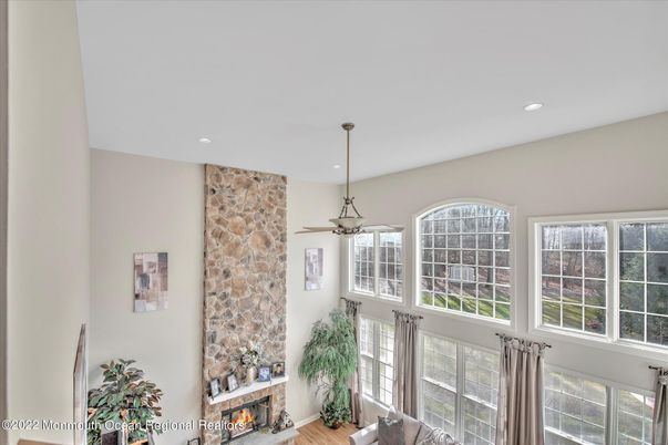 Fireplace, Interior, Pendant Lights, Recessed Lighting, Stone Walls