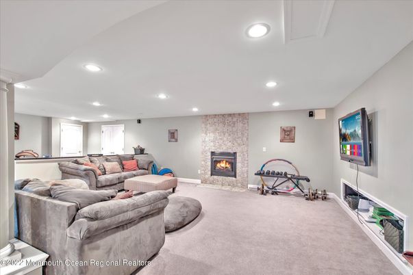 Fireplace, Interior, Living room, Recessed Lighting, Stone Walls