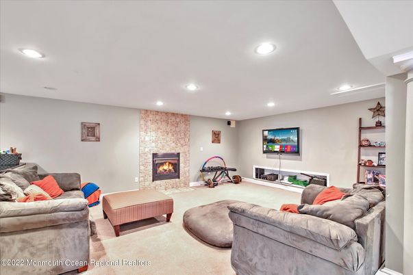 Fireplace, Interior, Living room, Recessed Lighting, Stone Walls