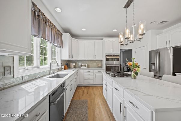 Interior, Kitchen, Pendant Lights, Recessed Lighting, Stainless Steel Appliances, Wood Texture Flooring