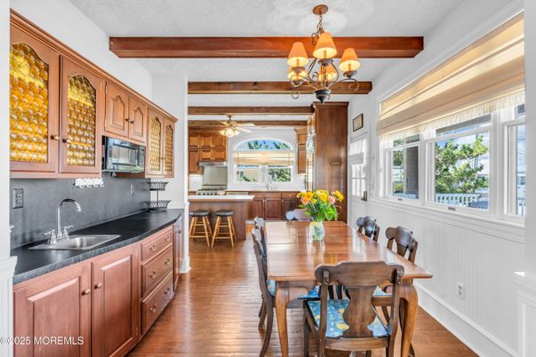 Chandelier, Dining room, Interior, Kitchen, Wooden Beams, Wood Texture Flooring